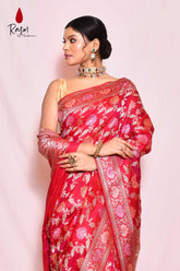 Red Pure Katan Silk Banarasi Handloom Saree With Blouse